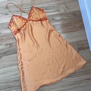 Women's Peach Satin Slip Dress with Red Lace Trim